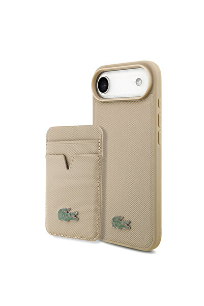 Lacoste iPhone 17 Air Case Licensed M-Safeli Pu Pike Patterned Metal Logo Card Holder Cover Beige