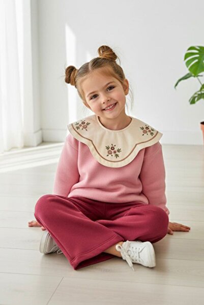 Minigimin Cicileri My Little Girl's Winter Suit with Embroidered Collar and Asymmetrical Detail - Purple