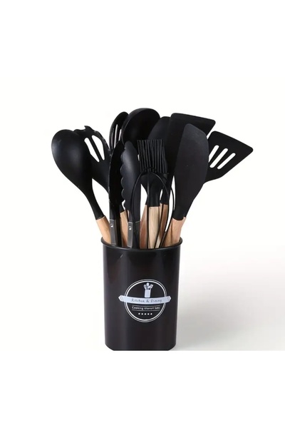 Alvin 12 Piece Silicone Kitchen Utensil Set with Wooden Handle – Heat Resistant Spatula Spoon Brush Set