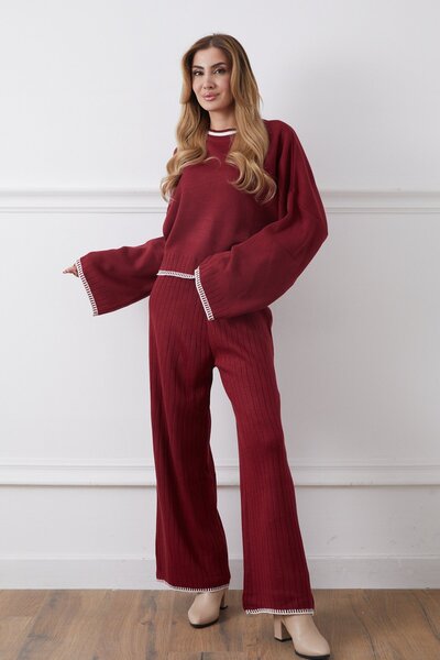 hiraz fashion Women's Burgundy Shepherd's Stitch Double Knitting Suit