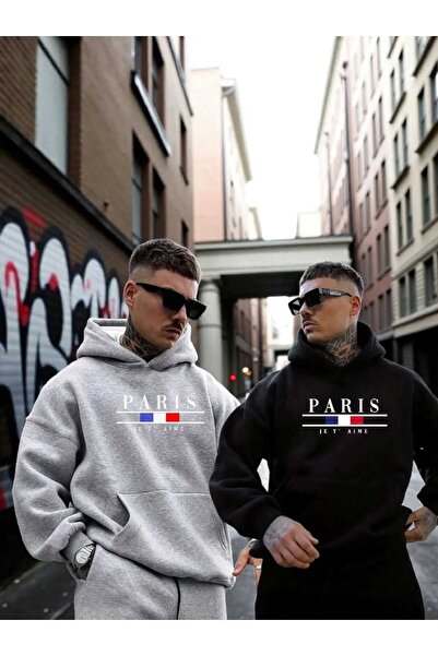 tkn your style Grey & Black Paris Trend Ove Oversized Pack Hooded Sweatshirt with Text Themed Print Design