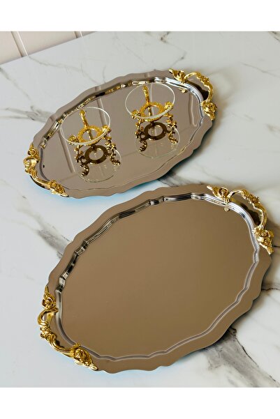 Melinda Lunea 2-Piece Gold Handled Oval Coffee and Promise Tray - Glass Ring Holder Set (20X25Cm)