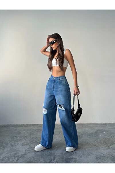 blue marlın Pantaloni largi pentru femei, albastru, cu proces de rupere cu laser