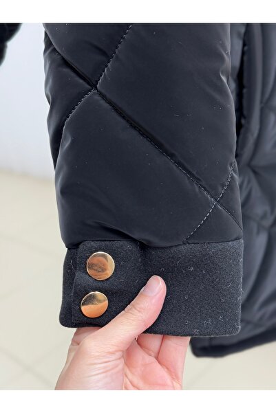 BENAHOLL Alva Buttons Snap Fastener Waist Tightening Quilted Short Coat-En2108 Black