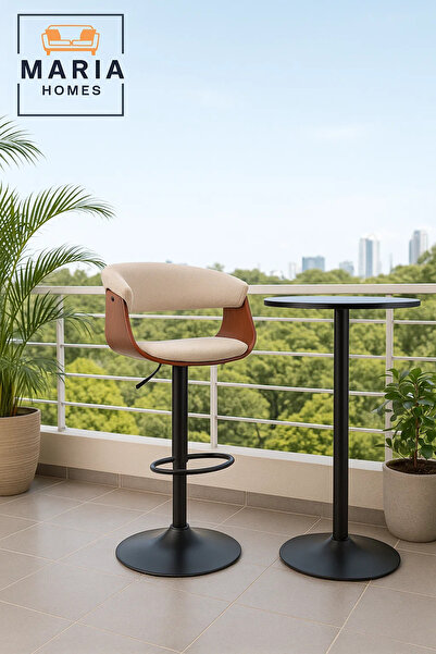 MARIA HOMES Beige Upholstered Adjustable Swivel Bar Stool with Curved Wood Backrest & Metal Footrest for Kitchen