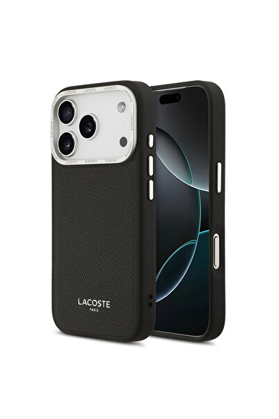 Lacoste iPhone 17 Pro Compatible Case Original Licensed M-Safeli Champs Elysees Pu Leather Design Cover Black
