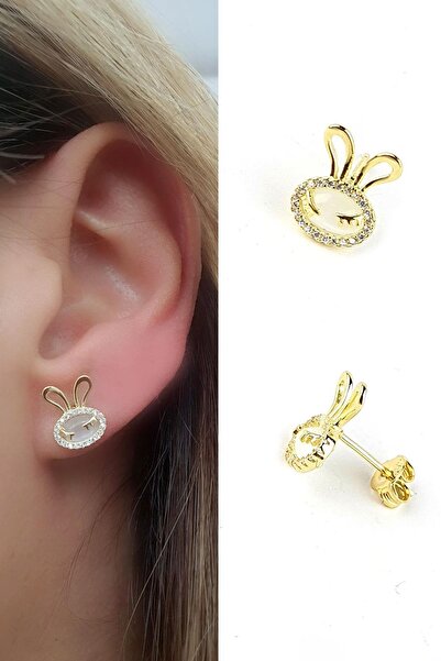 OSESHOP Taşlı İtalyan 925ayar Gümüş üzerine Altın kaplama Tavşan çocuk küpesi