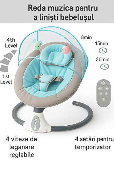 Bebelul Leagan electric pentru bebelusi S-Y608 (balansoar automat 4 viteze, telecomanda, Bluetooth, melodii