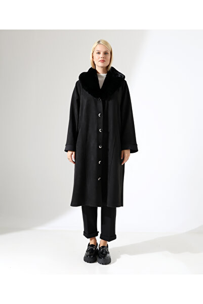 Fi'l Arz Fashion Shawl Collar Fur Detail Long Coat