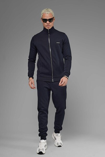 SOFTWAY Φούτερ Unisex Regular Fit με ψηλός λαιμός τσέπες με φερμουάρ - Μπλε ναυτικό