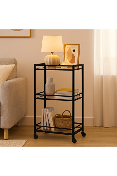 YINZUO 3-Tier Bar Cart with Clear Glass Shelves & Welded Metal Frame – No Installation Needed