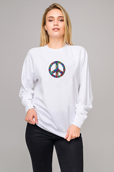 QIVI سويت شيرت Peace Hippie Peace Symbols مطبوع للسيدات باللون الأبيض محبوك ب...