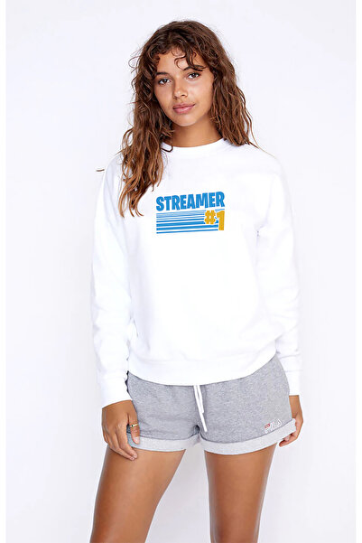 QIVI Streamer Fortnıte Printed White Women's Knitted Sweatshirt Long Sleeve