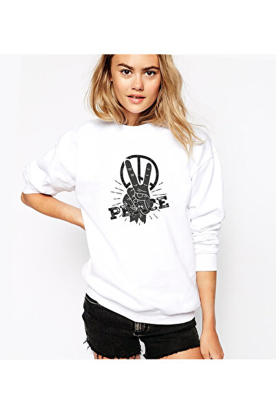QIVI Peace Hand Printed White Women's Knitted Sweatshirt Long Sleeve