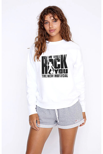QIVI Queen We Will Rock You Printed White Women's Knitted Sweatshirt Long Sleeve
