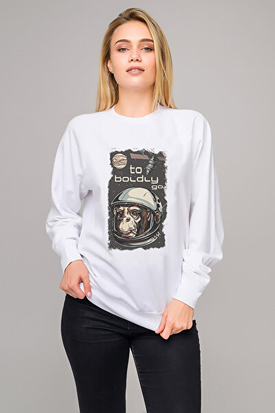 QIVI To Boldly Go Printed White Women's Knitted Sweatshirt Long Sleeve