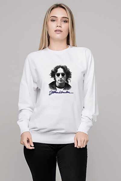 QIVI سترة جون لينون مطبوع النسائية البيضاء المحبوكة بأكمام طويلة