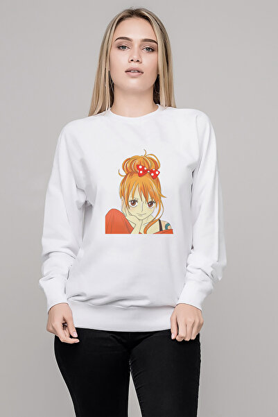QIVI سويت شيرت أنمي ون بيس مطبوع للسيدات باللون الأبيض بأكمام طويلة