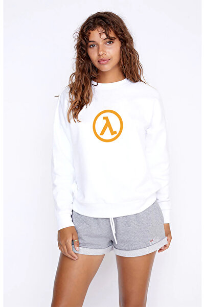 QIVI Half Life Logo Printed White Women's Knitted Sweatshirt Long Sleeve