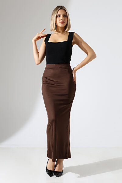 EZRAA Brown Long Stretchy Fabric Fish Cut Midi/Maxi Women's Skirt
