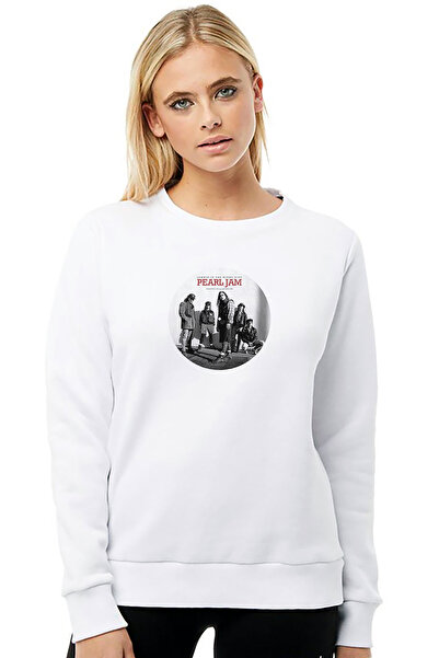 QIVI Pearl Jam Jammin in the Windy Printed White Women's Knitted Sweatshirt L...