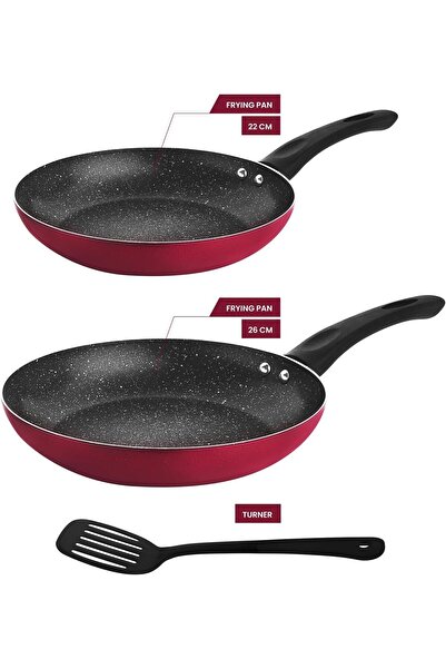 RAJ Non-Stick Cookware Set 22cm & 26cm with Aluminum Stirring Spoon, Red, 3 Pieces