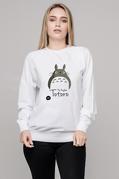 QIVI My Neighbor Komşum Totoro Printed White Women's Knitted Sweatshirt Long ...