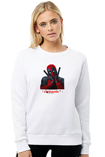 QIVI سترة ديدبول ديسكليتيف مطبوع النسائية البيضاء المحبوكة بأكمام طويلة