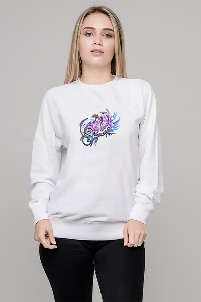 QIVI Scorpion Color Mix Printed White Women's Knitted Sweatshirt Long Sleeve