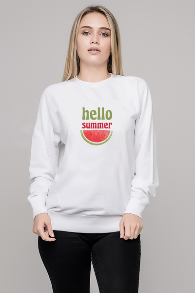 QIVI HELLO SUMMER مطبوع سويت شيرت نسائي محبوك باللون الأبيض بأكمام طويلة