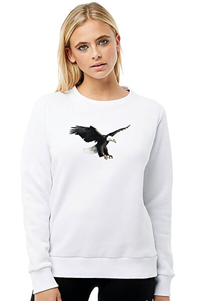 QIVI Kartal Eagle Bird Printed White Women's Knitted Sweatshirt Long Sleeve