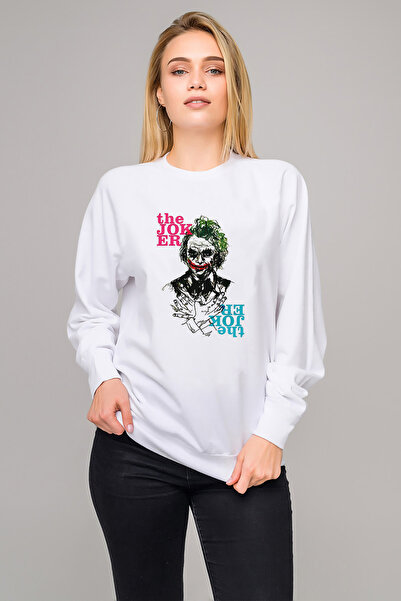 QIVI THE JOKER مطبوع سترة نسائية محبوكة باللون الأبيض بأكمام طويلة