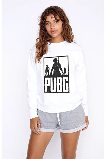 QIVI Pubg 3 Adam Team Printed White Women's Knitted Sweatshirt Long Sleeve