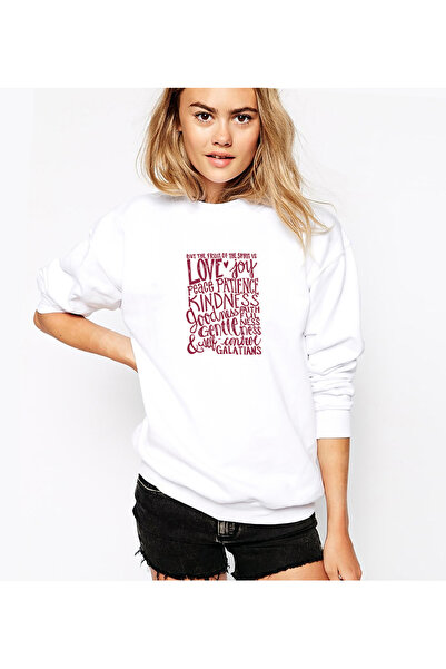 QIVI Love Joy Peace Printed White Women's Knitted Sweatshirt Long Sleeve