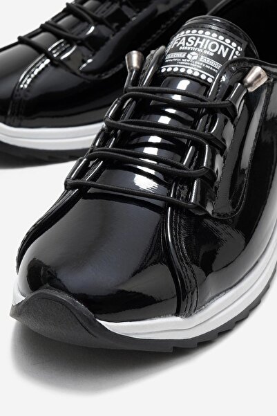 CCWAY AYAKKABI Soft Sole Rubber Laced Women's Shoes Black Patent Leather