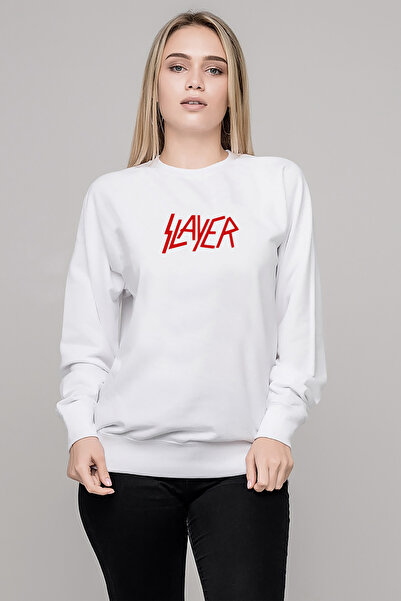 QIVI سويت شيرت نسائي محبوك باللون الأبيض بشعار Slayer مطبوع بأكمام طويلة