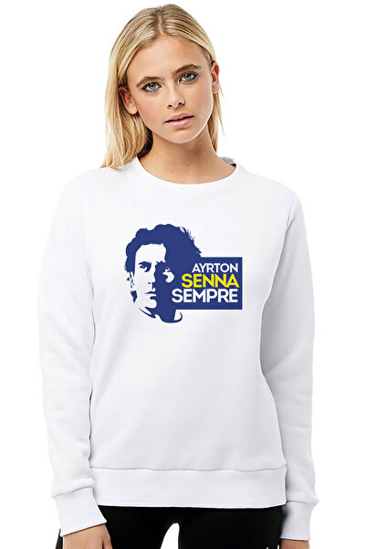 QIVI سويت شيرت فورمولا إف 1 آيرتون سينا إف 1 مطبوع للسيدات باللون الأبيض محبوك بأكمام طويلة