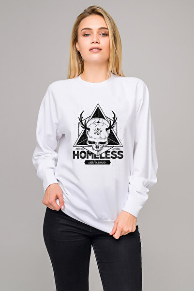 QIVI Skull Triangle Homlles Printed White Women's Knitted Sweatshirt Long Sleeve