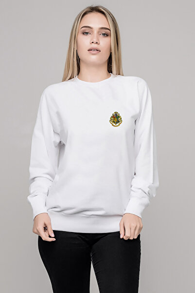 QIVI Harry Logo Arma Chest Print Printed White Women's Knitted Sweatshirt Lon...