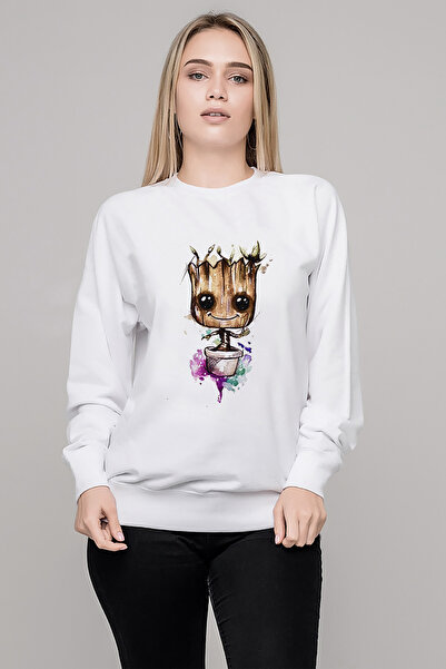 QIVI I Am Groot Water Color Printed White Women's Knitted Sweatshirt Long Sleeve