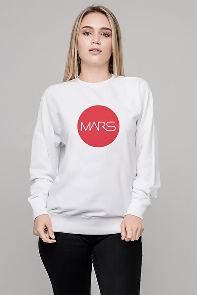 QIVI Nasa Mars Printed White Women's Knitted Sweatshirt Long Sleeve