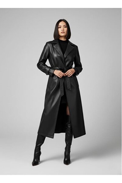 Kırmızı iz Siyah Suni Deri Uzun Trençkot - Kuşaklı ve Şık deri mont deri tren...