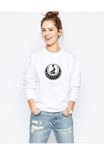 QIVI Börtecine Logo Printed White Women's Knitted Sweatshirt Long Sleeve