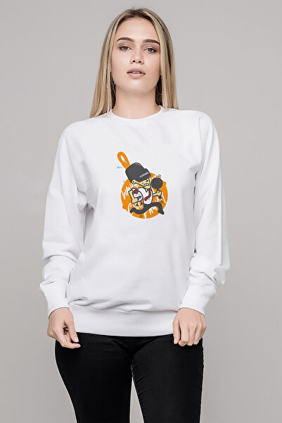 QIVI Pubg Caricature Printed White Women's Knitted Sweatshirt Long Sleeve