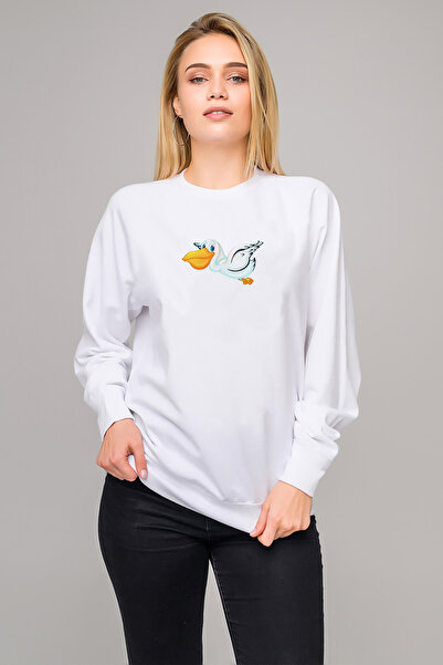 QIVI Pelikan Bird Toucan Flying Free Printed White Women's Knitted Sweatshirt...
