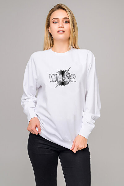 QIVI Wasp Logo Printed White Women's Knitted Sweatshirt Long Sleeve