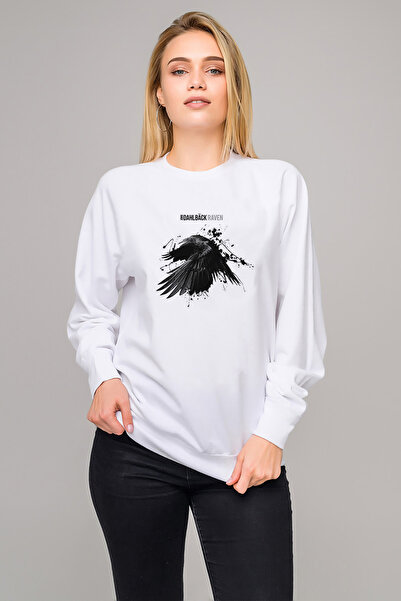 QIVI سويت شيرت رافين جون دالباك مطبوع للسيدات باللون الأبيض بأكمام طويلة