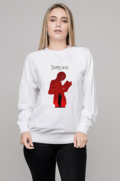 QIVI سترة ديث نوت ذا بوك مطبوع النسائية البيضاء المحبوكة بأكمام طويلة