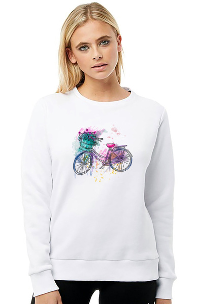 QIVI سويت شيرت محبوك للسيدات من Bicycle Watercolor مطبوع باللون الأبيض بأكمام...