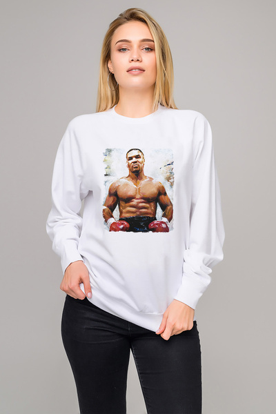 QIVI MİKE TAYSON B مطبوع سويت شيرت نسائي محبوك باللون الأبيض بأكمام طويلة